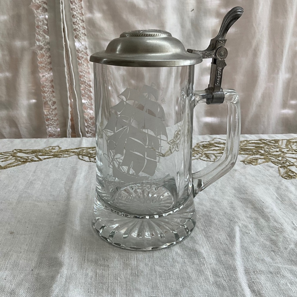 Old‎ Spice Vintage Glass Beer Stein Etched Clipper Ship Pewter Lid Ship Wheel